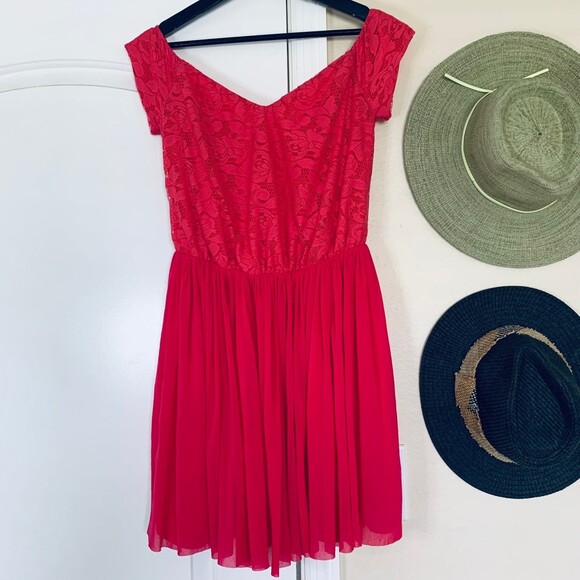 ASOS Barbie Pink Mesh Lace Off-the-Shoulder Fit & Flare Mini Dress | Size: 6/S - Picture 2 of 9